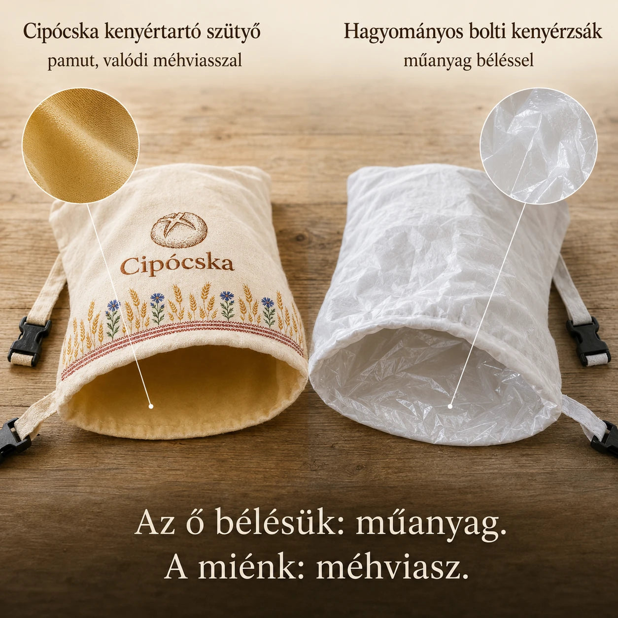 Méhviaszos kenyértartó szütyő - Prémium, 100% pamut