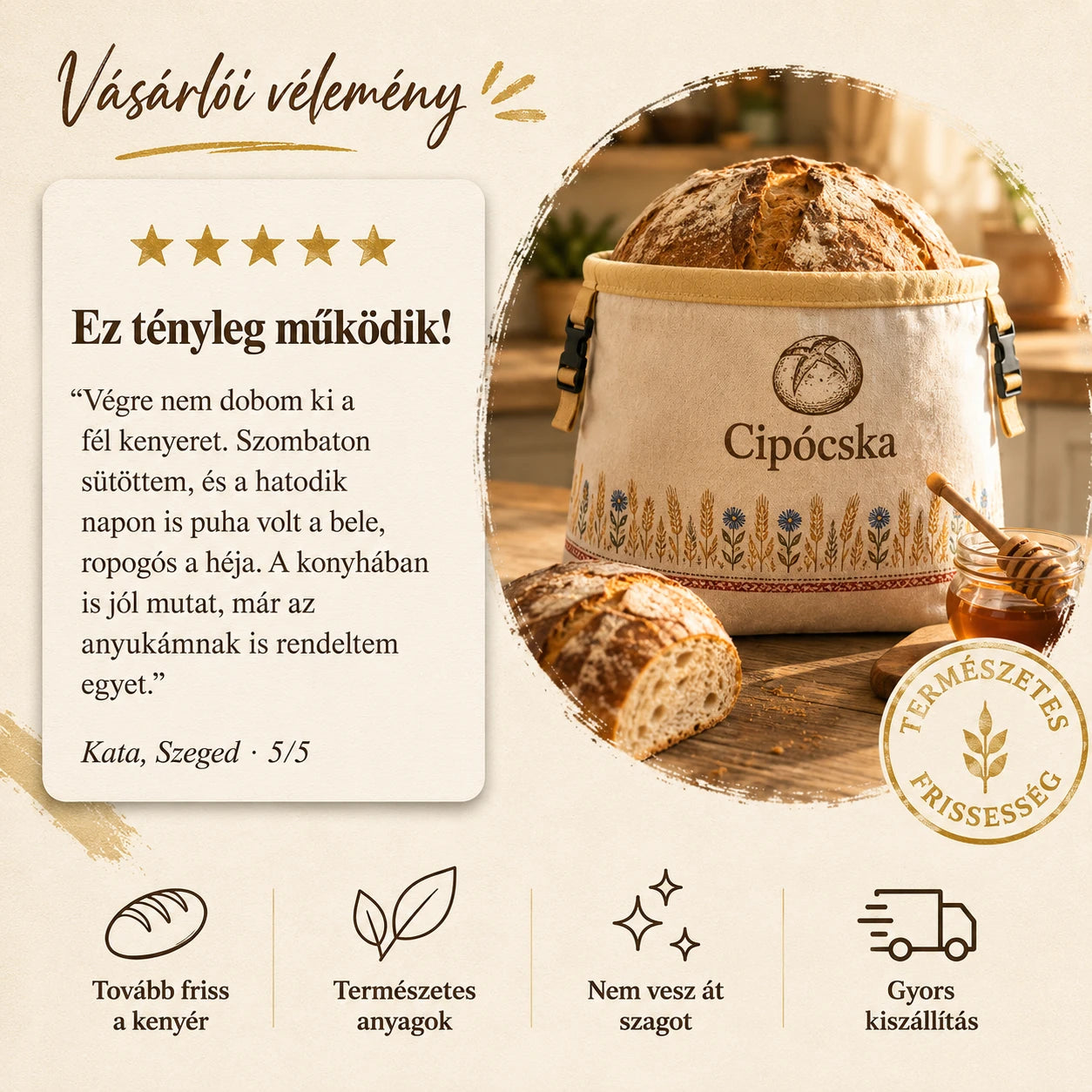 Méhviaszos kenyértartó szütyő - Prémium, 100% pamut