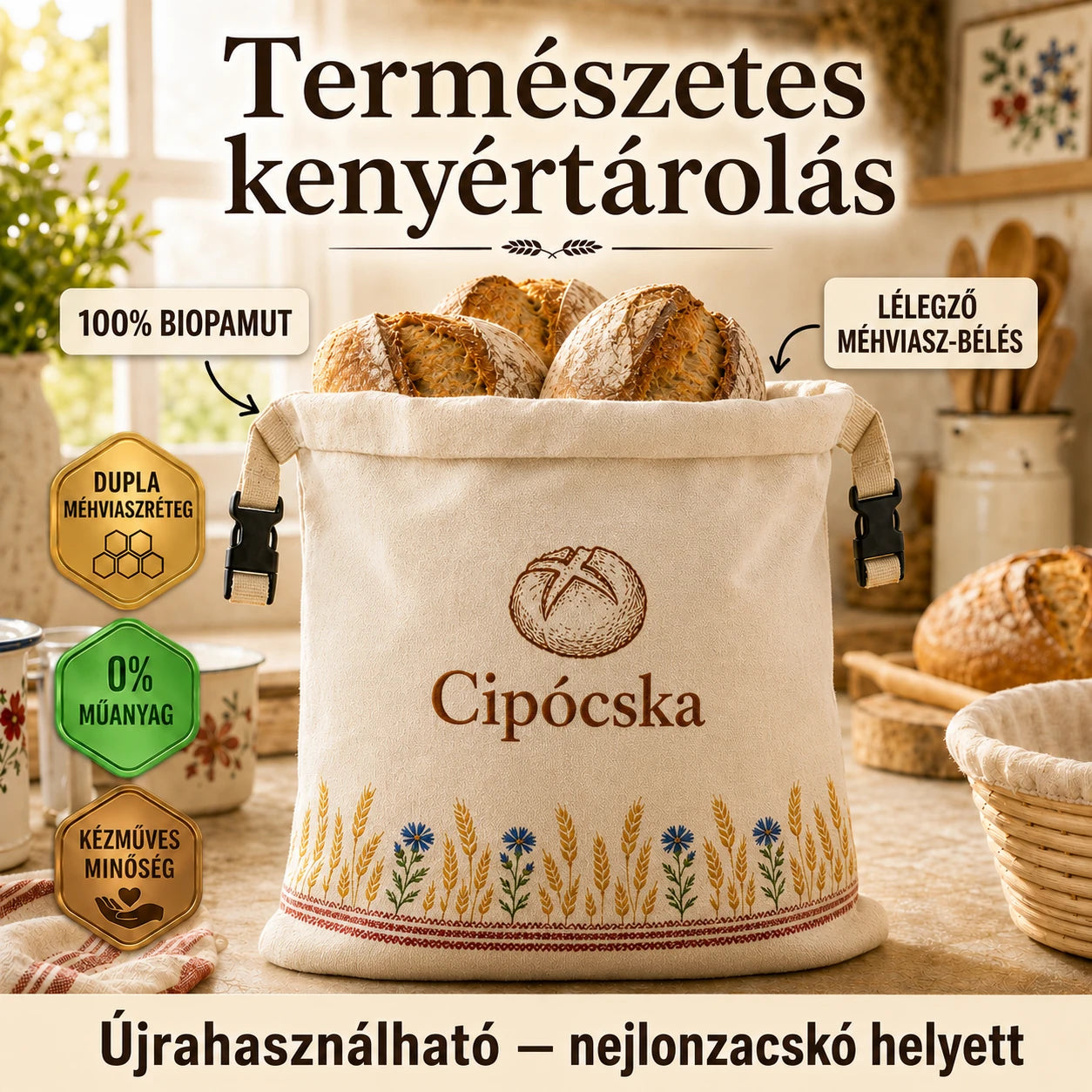 Méhviaszos kenyértartó szütyő - Prémium, 100% pamut